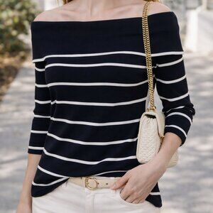 Venini Striped Boatneck Off the Shoulder Ribbed Sweater